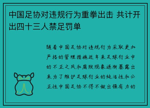中国足协对违规行为重拳出击 共计开出四十三人禁足罚单