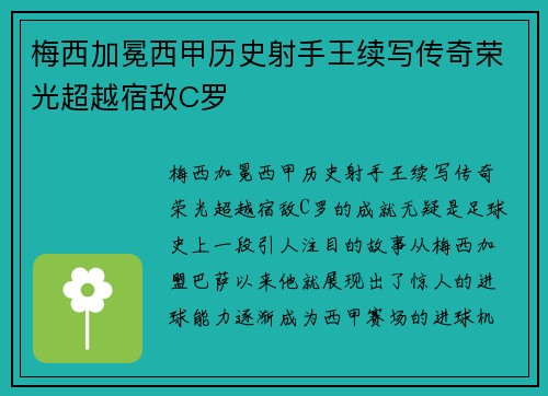 梅西加冕西甲历史射手王续写传奇荣光超越宿敌C罗